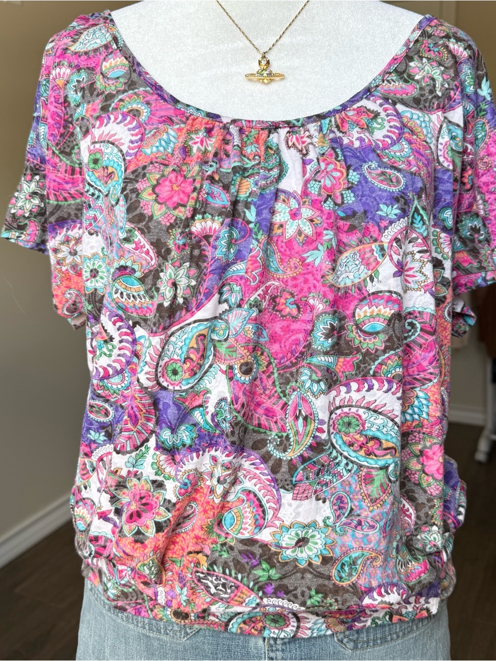 Paisley Short Sleeve Y2K Boho Pink Purple 2000s Women’s Medium Summer Top